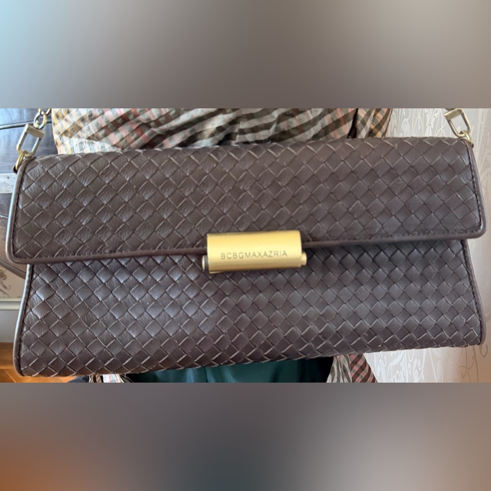 BCBGMaxAzria Chocolate Brown Woven Leather Clutch with Gold-Tone Accent